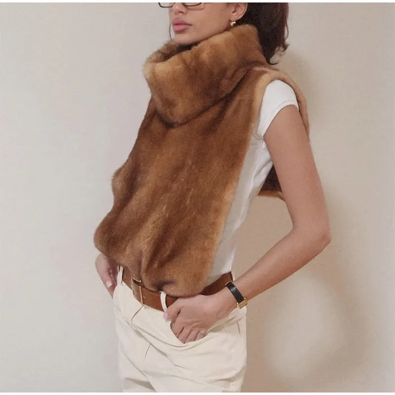 Solid Faux Fur Vest Crop Top Women Fashion Turtleneck Fluffy Short Tank Tops 2025 Winter Female Elegant Sleeveless Jacket Coat