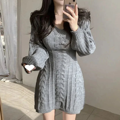 Korean Chic Autumn Gentle V-neck Linen Pattern Design Slimming Long Sleeve A- line Knitted Dress High Collar Ankle-length Dress