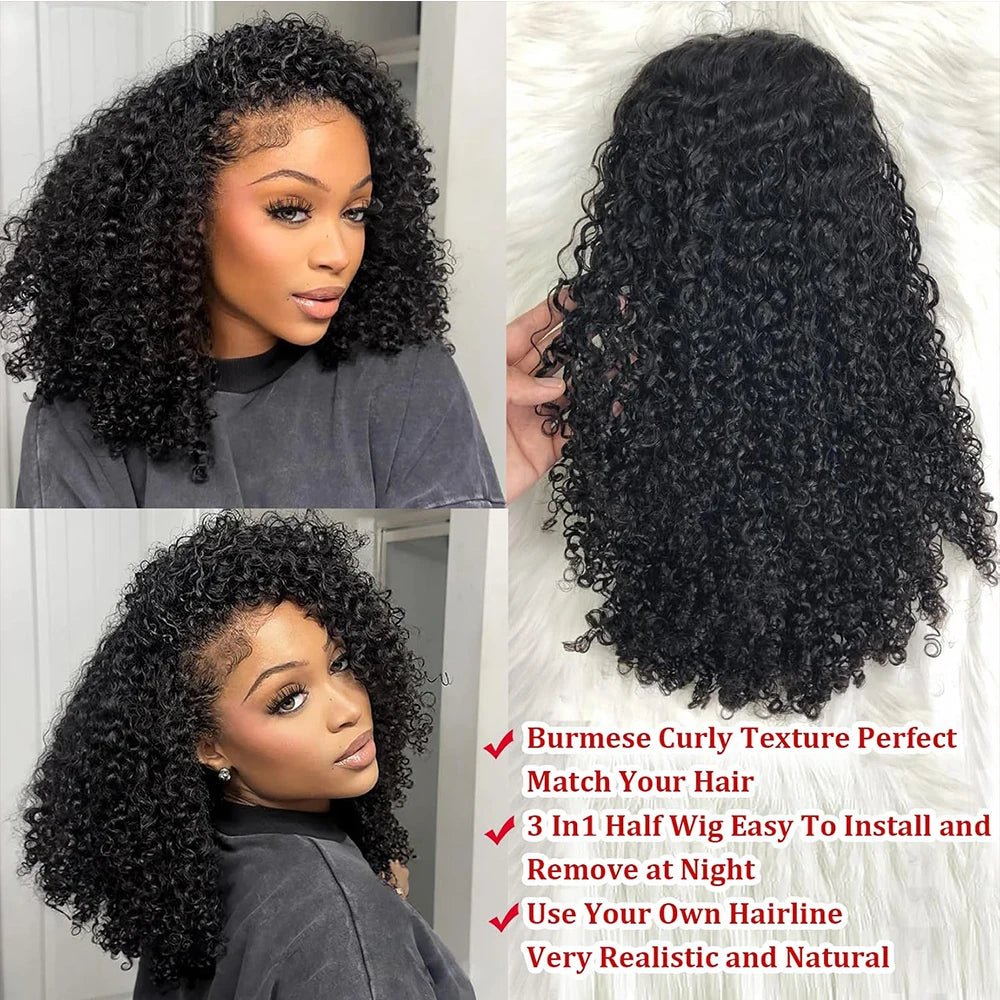Deep Curly Half Wig Human Hair Glueless Wig Human Hair Ready to Wear 3 IN 1 Half Wig Drawstring Jerry Curly Glueless Half Wig