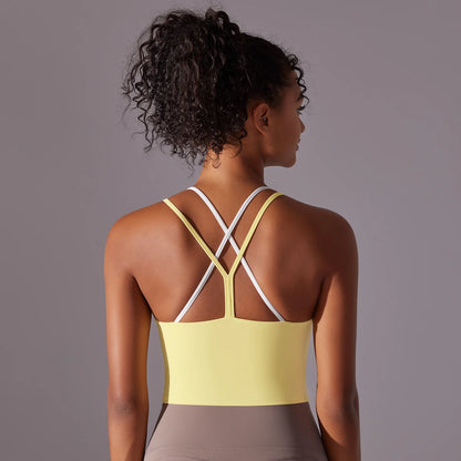 New Women Fitness Sports Bra Top Gym Yoga triangle backless Athletic Back Cutout Cross Tight Workout Soft With Chest Pad