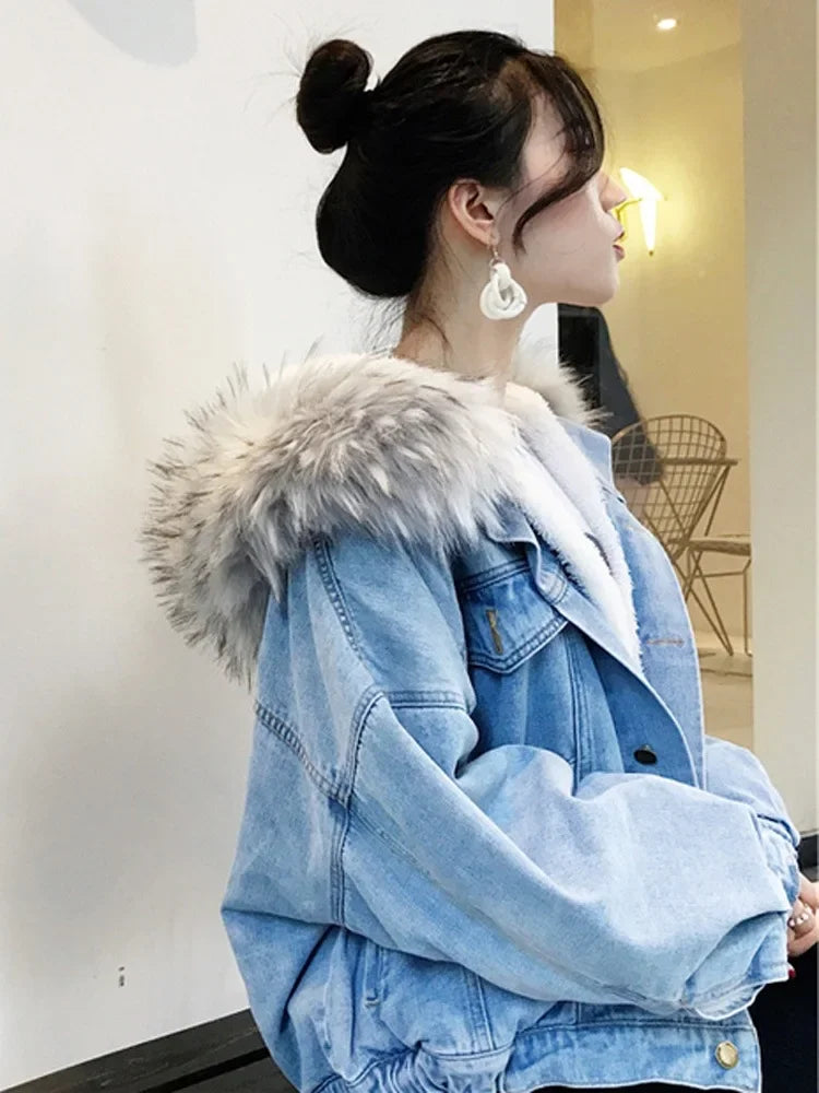 Korean Style Fleece Lined Thickened Hooded Lamb Fur Denim Jacket Women's Large Collar Versatile Cotton Coat Autumn Winter New Ar