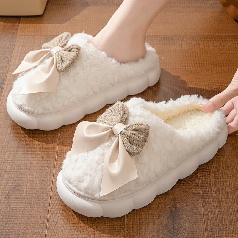 Cotton slippers for Women Autumn and Winter Thick Sole Indoor Home Warm Couples Shoes Bow Non-Slip Flat Platform Women's Slipper