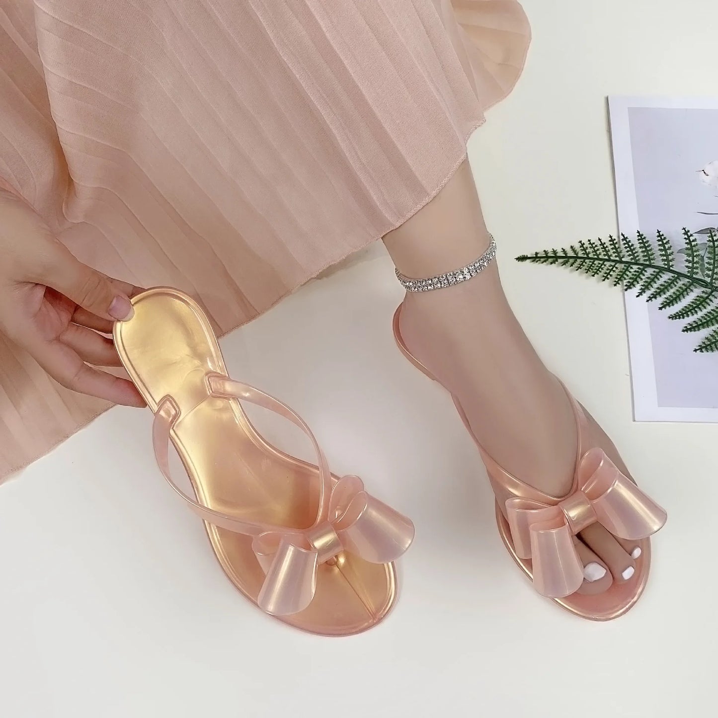 EOFK Summer Jelly Slippers Women Butterfly PVC Sweet Beach Pull On Flat Solid Ladies Versatile Fashion Anti slip Slippers