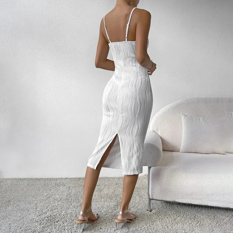 [You're My Secret]Summer Women Elegant Sexy Backless Square Collar Bodycon Club White Party Long Dress ure Color Sundress