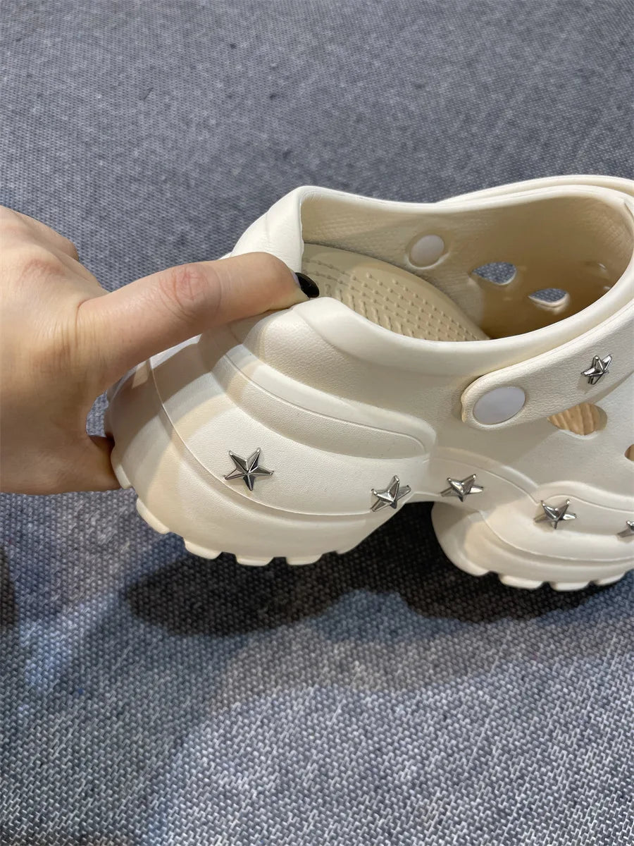 Women Summer Sandals High 10cm Heels Chunky Clogs with Star Charms Garden Shoes Waterproof Beach Pool Sandals Mules Slippers