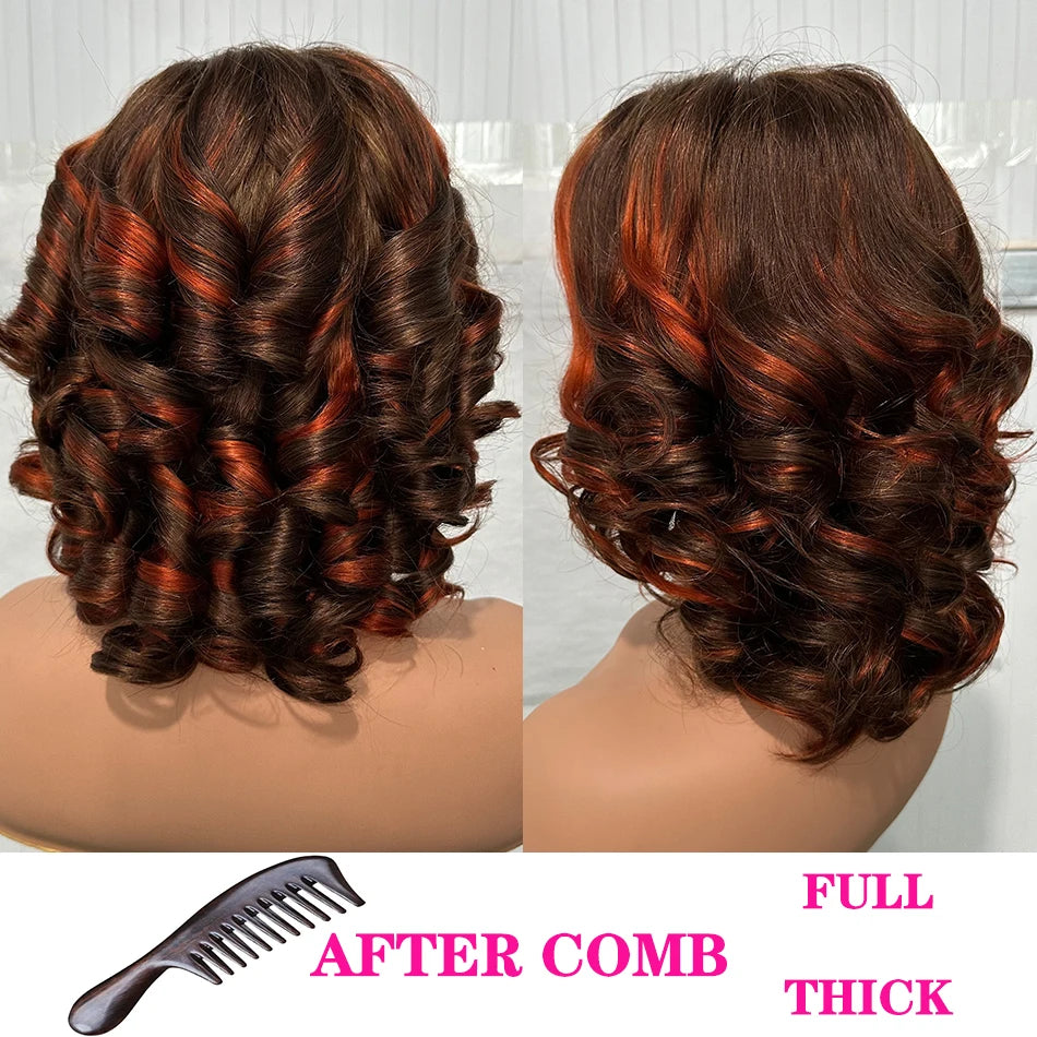 100% Human Hair Wig Highlight Bob Bouncy Loose Curly 12" 250% Density 5x5 HD Lace Closure Glueless Wigs Human Hair Ready To Wear