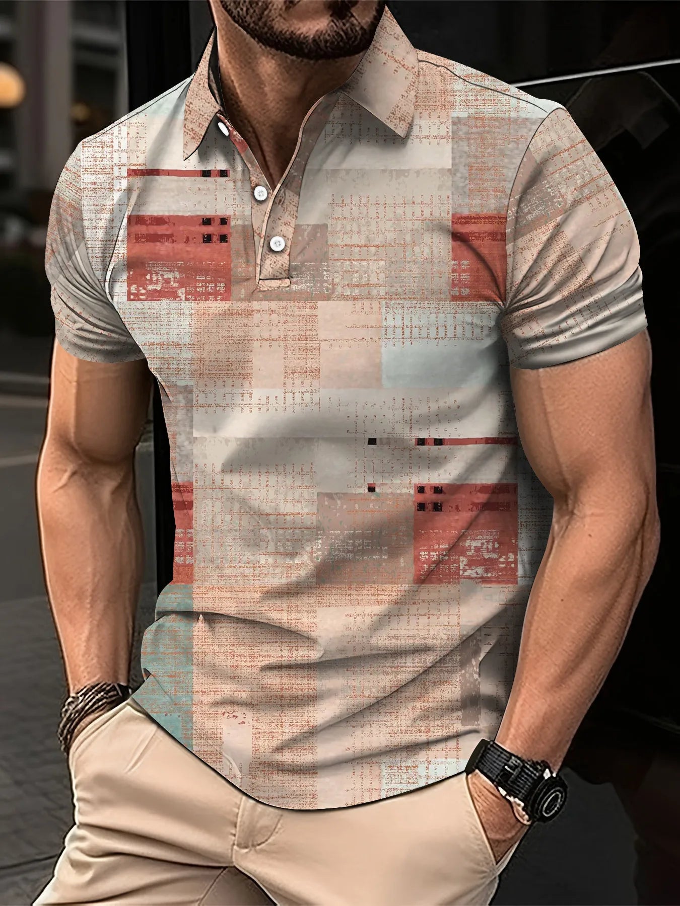 Fashion Elegant Harajuku Slim Fit Ropa Hombre Loose Casual All Match Lattice Men's POLO Shirt Printed Button Short Sleeve Tops