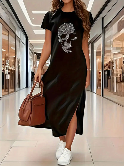 Summer women's elastic black Blessed  round neck short sleeved T-shirt dress long dress women's clothing