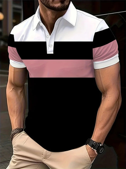 Men's Casual Polo Shirt Fashion Stitching Line Design Slight Stretch Comfortable Fabric Plus Size Men's Lapel Short Sleeves Top