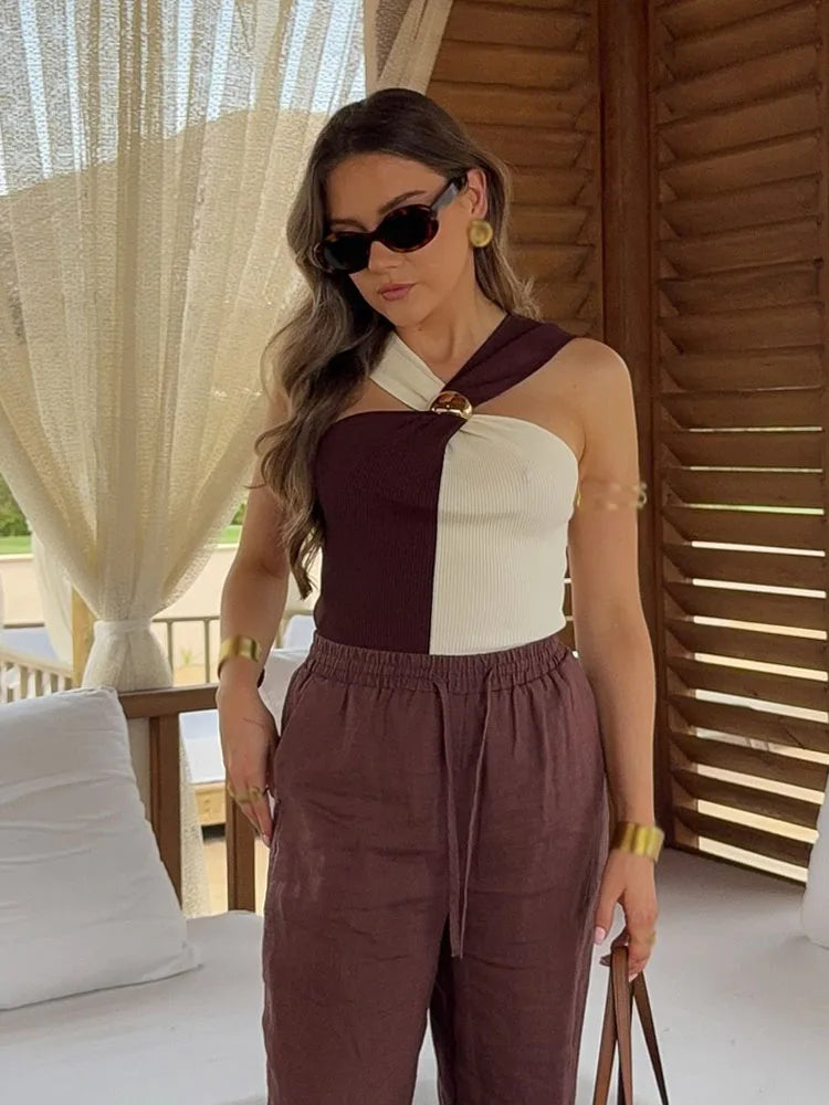 HH 2026 Women's Summer New Fashion Chic Knitted Tops Hang-Neck Collar Sleeveless Backless Female Sexy Short Tops 2 Color