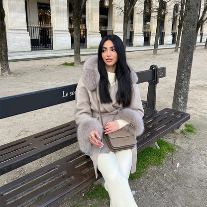 Fashion Hooded Women's Wollen Coat Fur Collar Lace Up Pocket Solid Warm Lady Coats 2025 Autumn Winter Elegant Female Streetwear