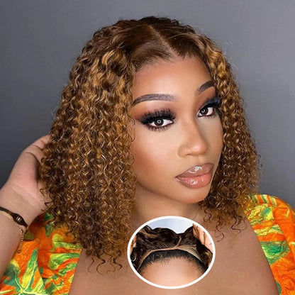 Deep Wave Honey Blonde Glueless Bob Wigs Human Hair Pre Plucked Pre Cut Highlight Wear and Go Curly Wigs Ombre HD Lace Front Wig