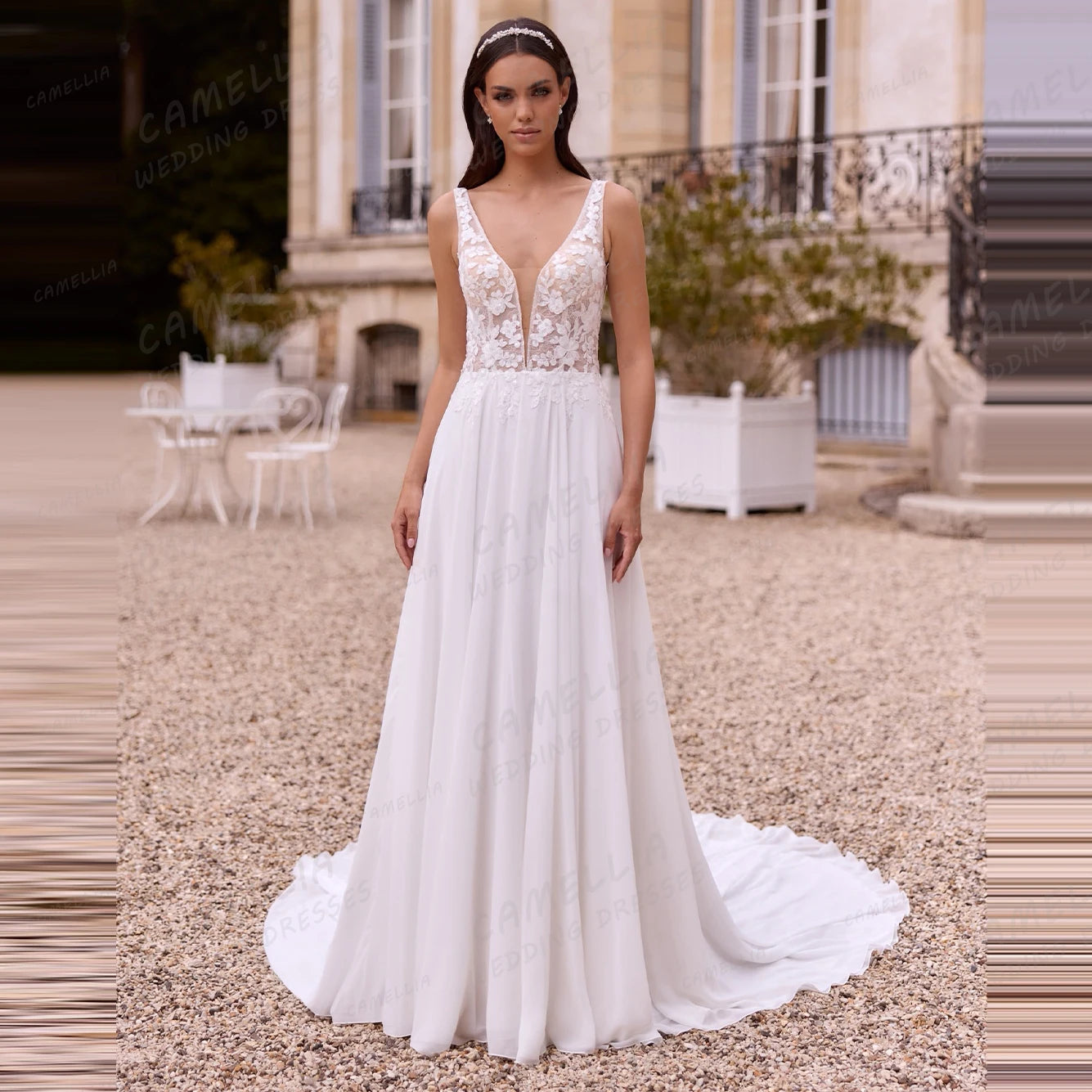 Elegant Lace Wedding Dresses Women's A Line Sleeveless Chiffon V Neck Backless Bridal Gowns Vestidos De Novia Customized Party