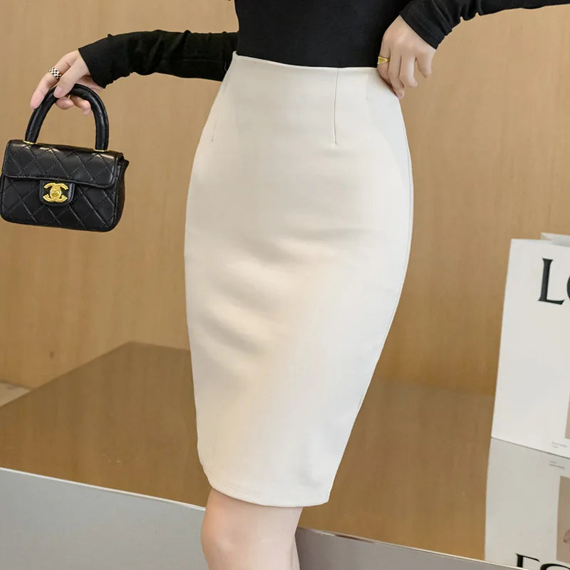 Basic OL Back Split Slim Skirt for Women, Korean Fashion, Bodycon Pencil Office, Elegant Black Knee Length, HighWaist Shirts,