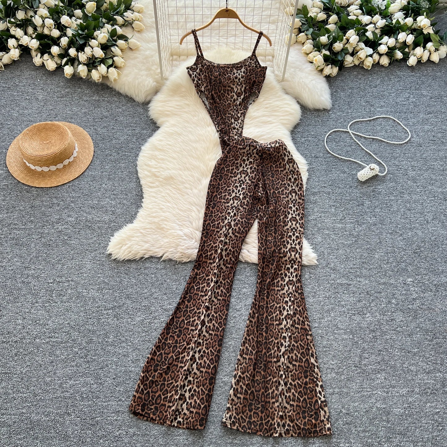 SINGREINY 2025 & 2026 Newest Leopard 2pcs Suits Women Sexy Strap Tops+Elastic Waist Flared Pants American Ins Fashion Hotsweet Sets