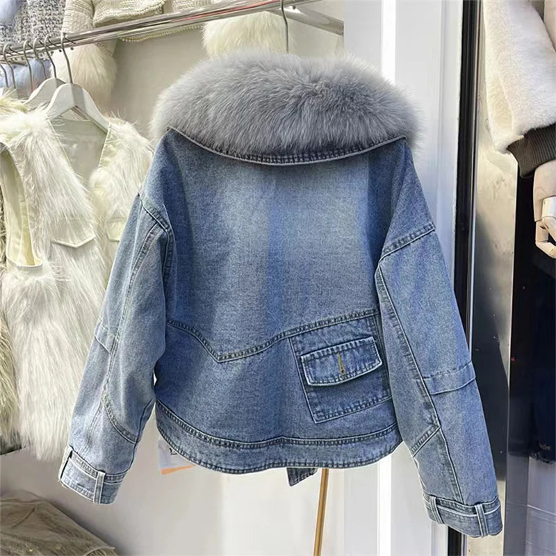 Womens Coats Spring New 100%Natural Real Fox Fur Collar Fashion Short Denim Jacket Luxury Goose Down Puffer Jackets Clothing