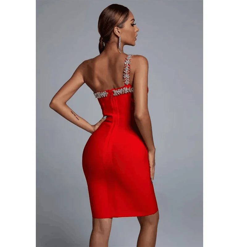 2025 & 2026 New Sexy Women Mini Bandage Dress One Shoulder Collar Rhinestone Decorated Shoulder Strap Bodycon Dresses Party Vestido
