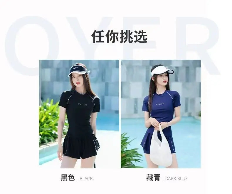 Sports Swimsuit, Swimsuit, Women's New Plus Size Two-piece Set, Short Sleeved, Student Hot Spring Conservative Swimsuit