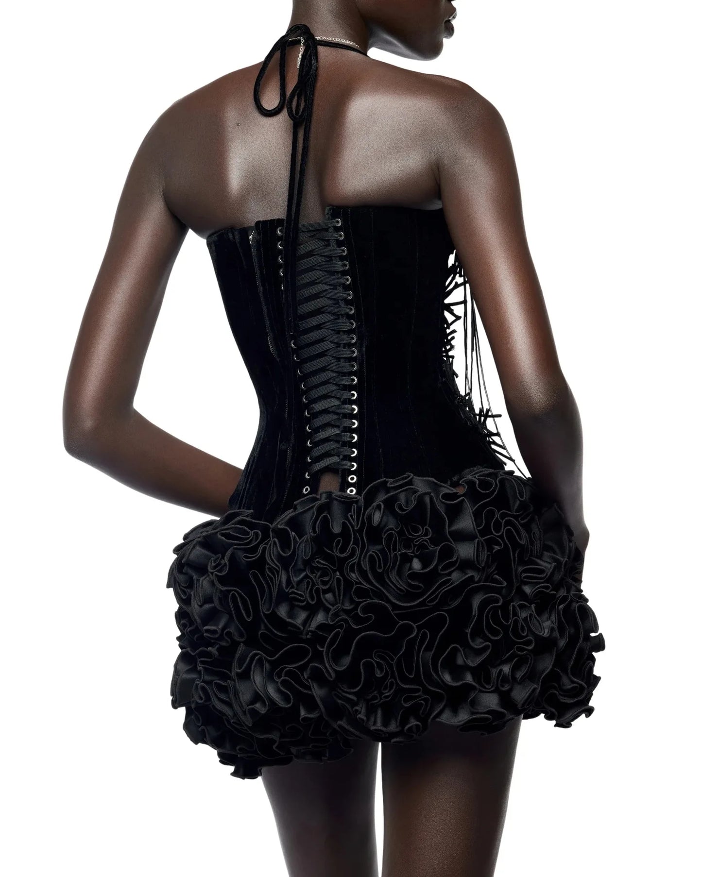 Women Sexy Party Dress Halter Laced Up Crop Top And Flowers Mini Skirt Two Piece Sets Club Evening Celebrity Outfits Wholesale