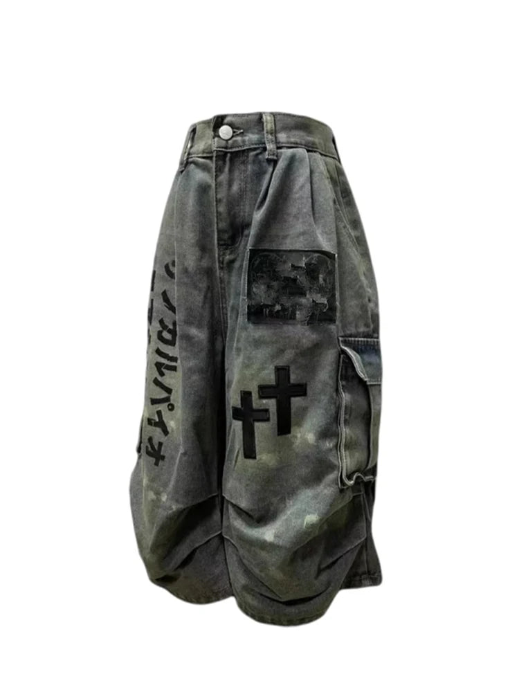 Summer Women Goblin Core Cross Denim Jorts Shorts Y2k Calf-Length Jean Pants Trashy Y2K Abi Japanese Cyber Punk Grunge Unisex