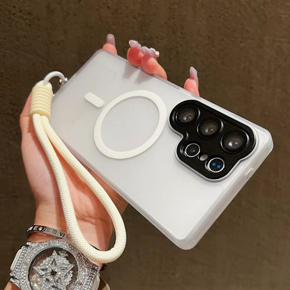 Wrist Strap Cord Magnetic Matte Translucent Armor Case For Samsung S25 Ultra S24 FE S23 Plus For Magsafe Wireless Charge Cover