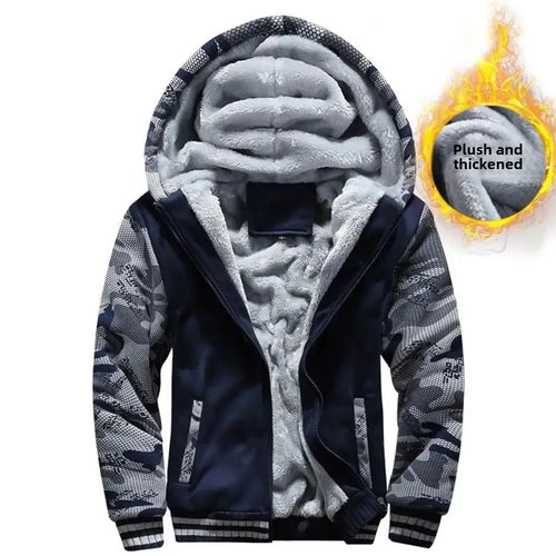 Men's Warmth Hooded Fleece Lined Thickened Baseball Jacket Sweatshirt Korean Style Sporty Top Winter Autumn Seasonal Wear