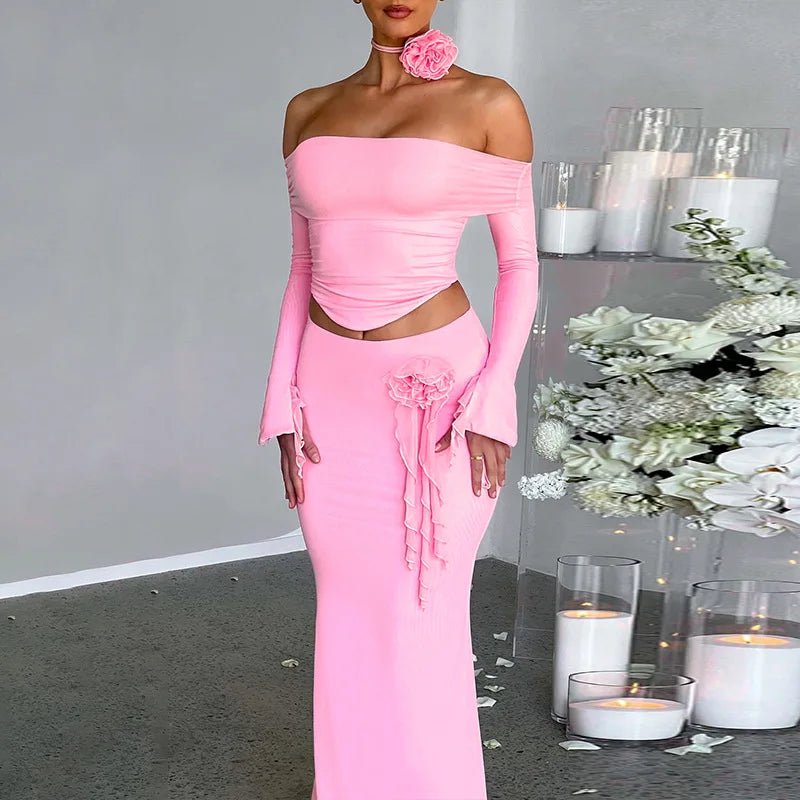 TARUXY Flower Bodycon Skirt Sets Women Slim Sexy Backless Lace Up Tops Women's Party Elegant Dress 2 Piece Womens Suits Outfits