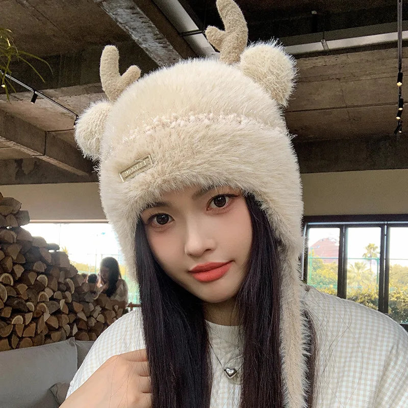 Knitted Hat Beanie Winter Warm Fleece Lined Reindeer Antlers Korean Style Cute Christmas Party Women Girls Thickened Thermal