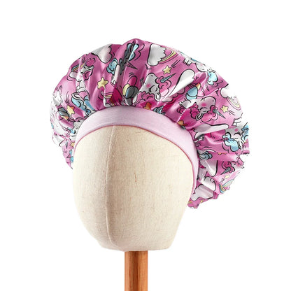 New Baby Unicorn Cartoon Print Satin Night Sleep Cap Elastic Wide Band Bonnet Hair Cover Hat Beanie Salon Bath Spa Shower Caps