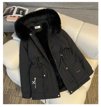 Women Big Fur collar Loose Parka Jacket Lady Medium Long Styles Down Cotton Outwear Winter Female Hooded Cotton Padded Coat