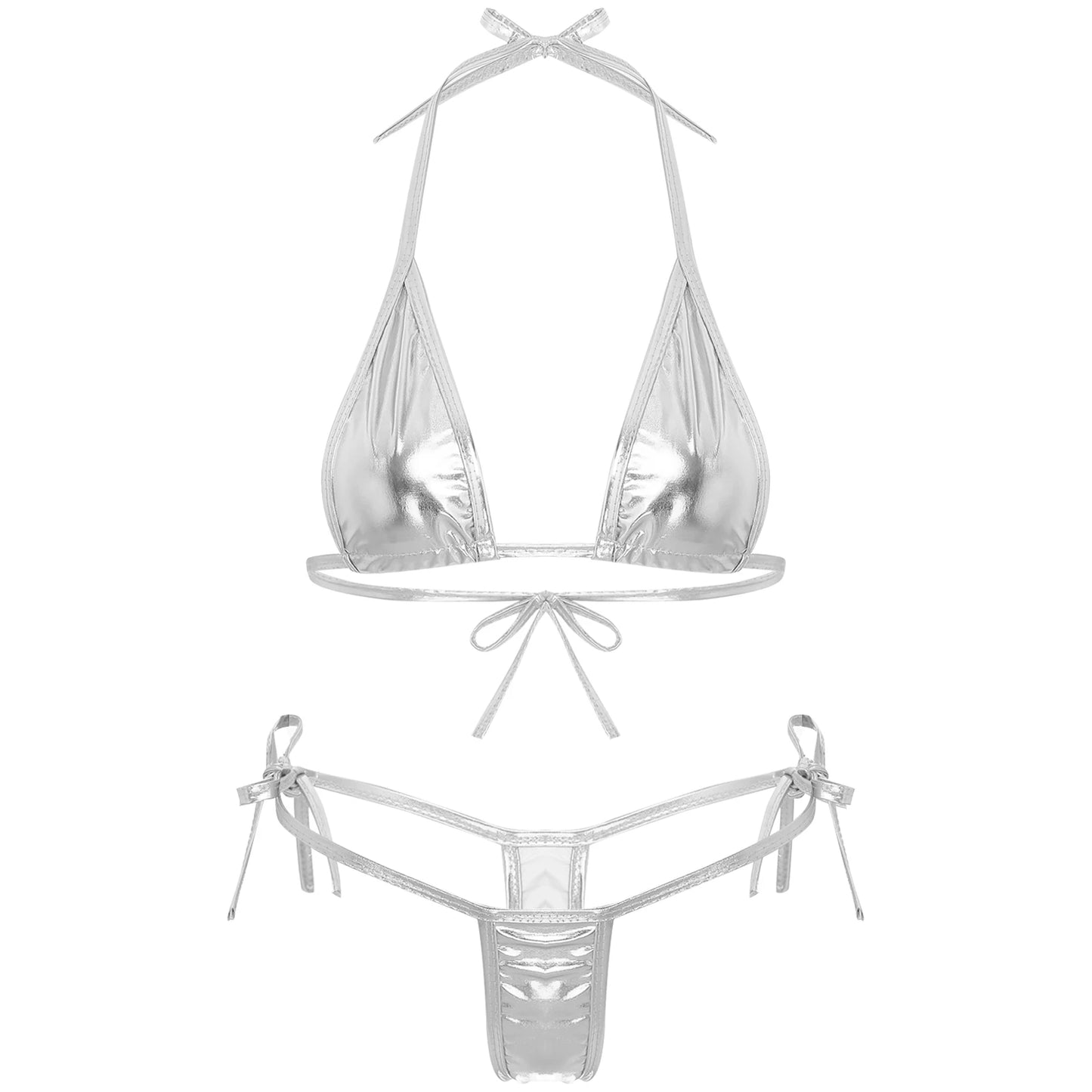 Womens Brazilian Micro Bikini Swimsuit Biquini Set Lacing Non-Padded Triangle Cup Bra Top with G-String Metallic Shiny Swimwear