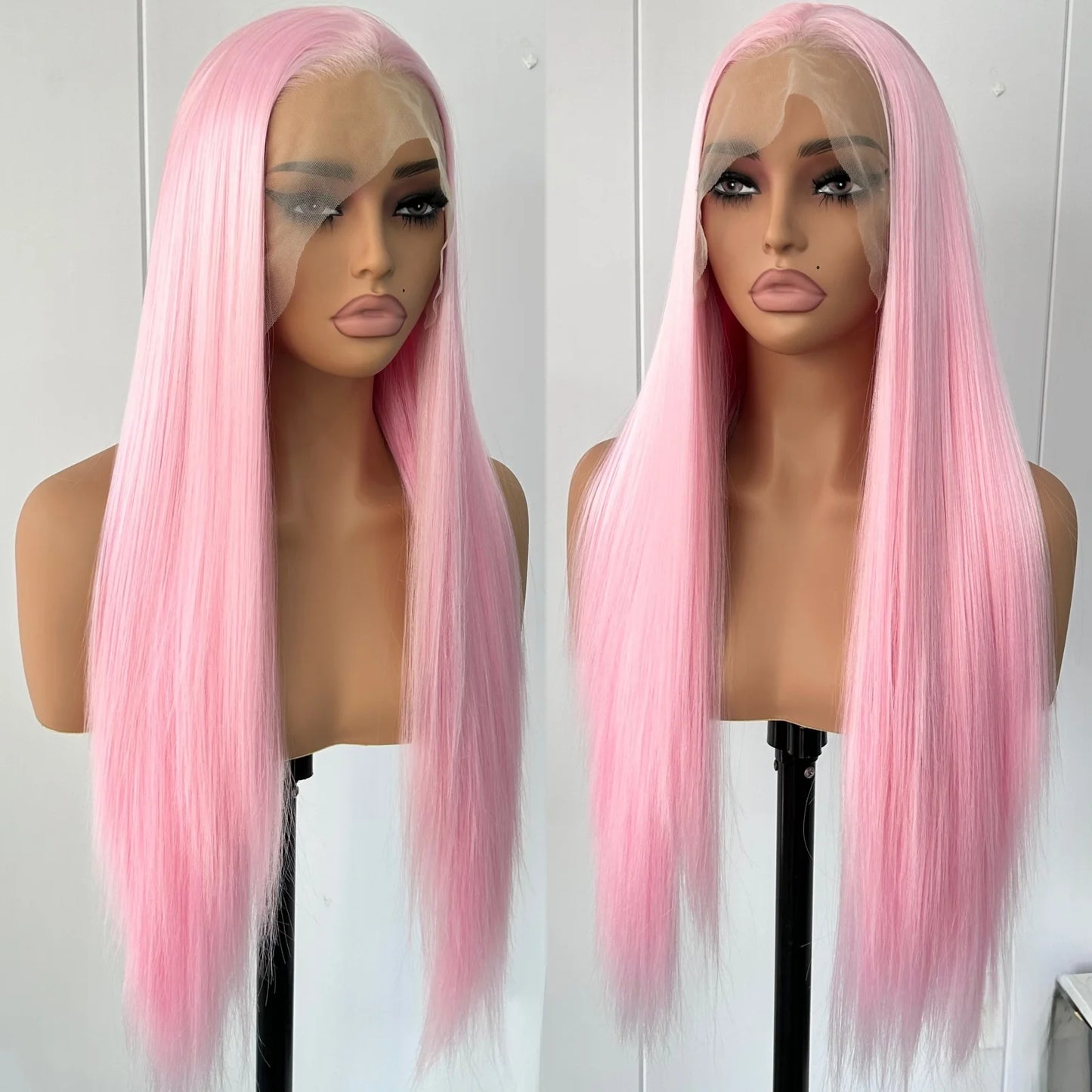 Light Pink Long Silky Straight Synthetic Lace Front Wig Free Part Pastel Pink Heat Resistant Fiber Wigs for Women Daily Party