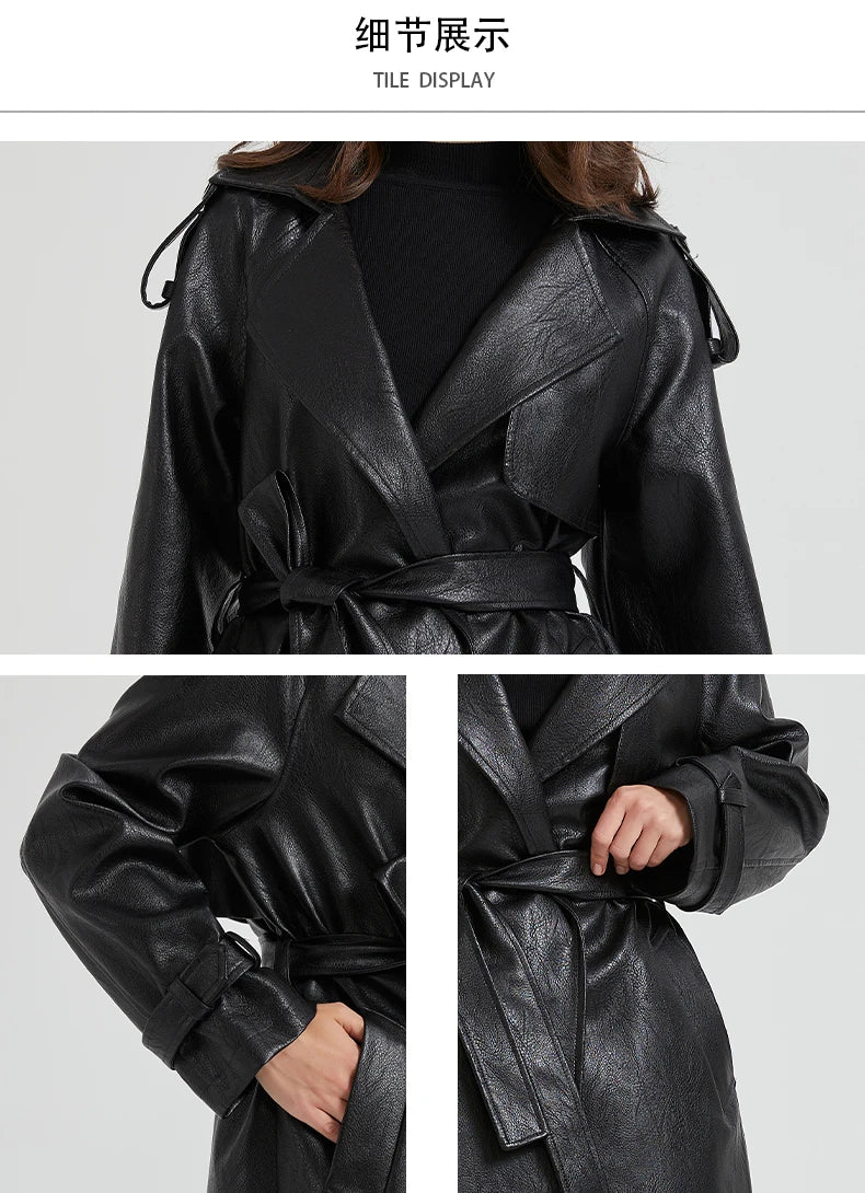 Lautaro Spring Autumn Extra Long Brown Pu Leather Trench Coat for Women Sashes Luxury Chic Overcoat Runway European Fashion 2024