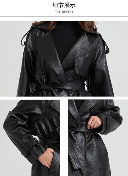 Lautaro Spring Autumn Extra Long Brown Pu Leather Trench Coat for Women Sashes Luxury Chic Overcoat Runway European Fashion 2024