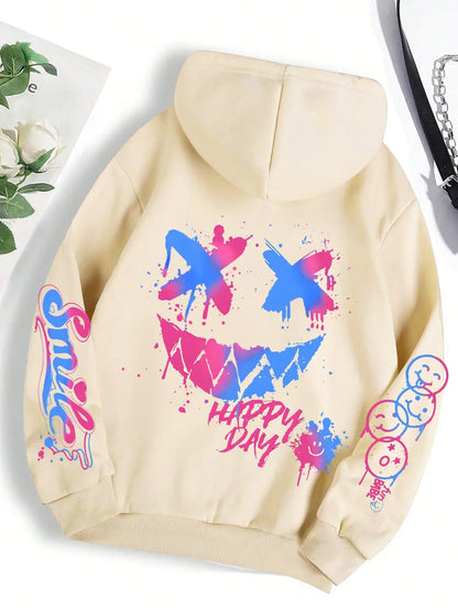 New autumn men's personalized smiling face print comfortable breathable hooded sweatshirt outdoor street fashion hooded sweatshi