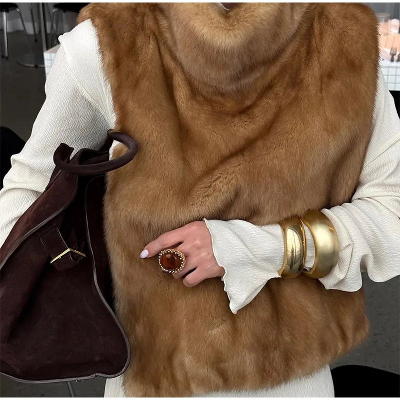 Solid Faux Fur Vest Crop Top Women Fashion Turtleneck Fluffy Short Tank Tops 2025 Winter Female Elegant Sleeveless Jacket Coat