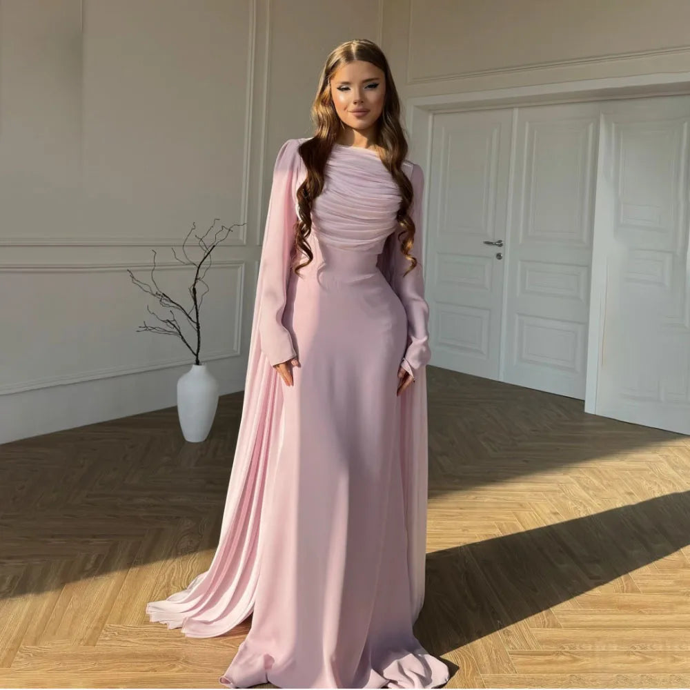 Pink Long Sleeves Mermaid Prom Dresses robes de soirée A-line Pleats Evening Dress Floor-Length Wedding Guest Dress Customized