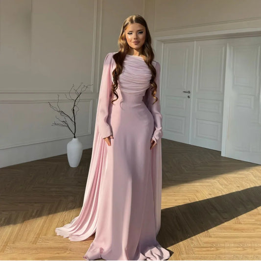 Pink Long Sleeves Mermaid Prom Dresses robes de soirée A-line Pleats Evening Dress Floor-Length Wedding Guest Dress Customized