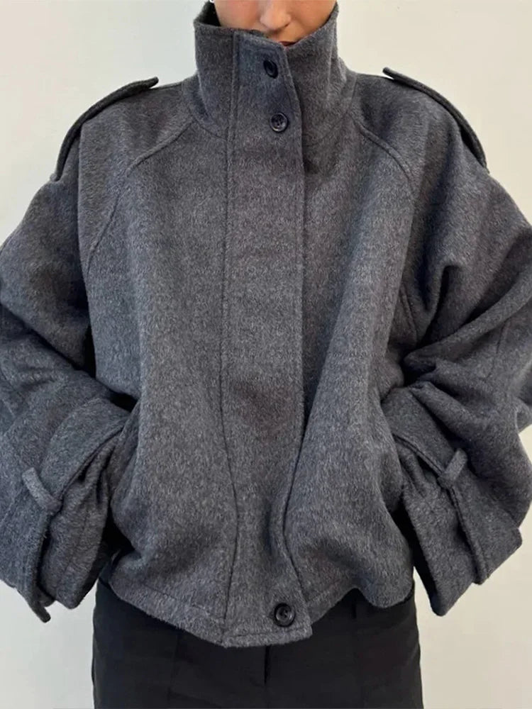 Casual Solid Loose Jackets Women Fashion Full Sleeve Single Breasted Stand Collar Short Coats Female 2025 Autumn Lady Outwears