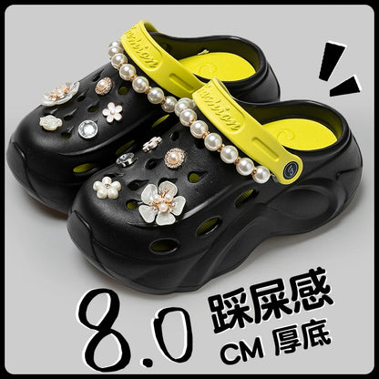 Summer Fashion Pearl Chain DIY Clogs Women 2025 Chunky Platform Slip On Sandals Women Thick Bottom EVA Slippers Shoes Woman Heel