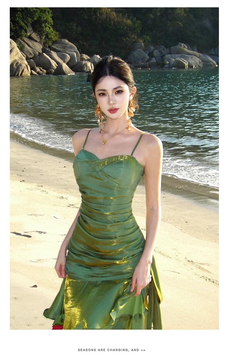 Sexy Solid Spaghetti Strap Sleeveless Evening Dresses Elegant Ruffles Party Long Dress For Women Summer Slim Beach New Vestidos