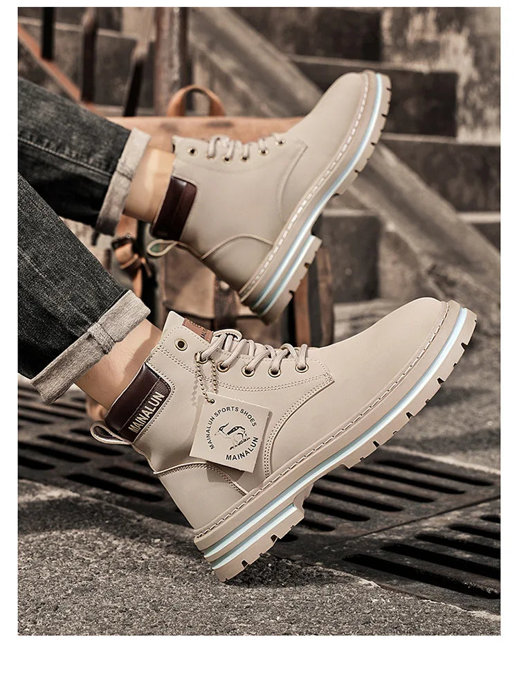 Classic Men High Top Boots High Quality Yellow Leather Boots Fashion Outdoor Sneakers Men Lace Up Non-Slip Ankle Boots for Men