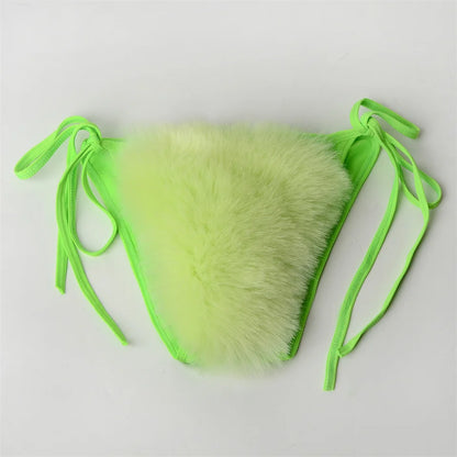 Summer Women Fake Fox Fur Sexy Halter Solid Color Bikini Set Swimsuits Triangle Sexy Bikini Set Faux Fur Swimsuit Plush Swimwear