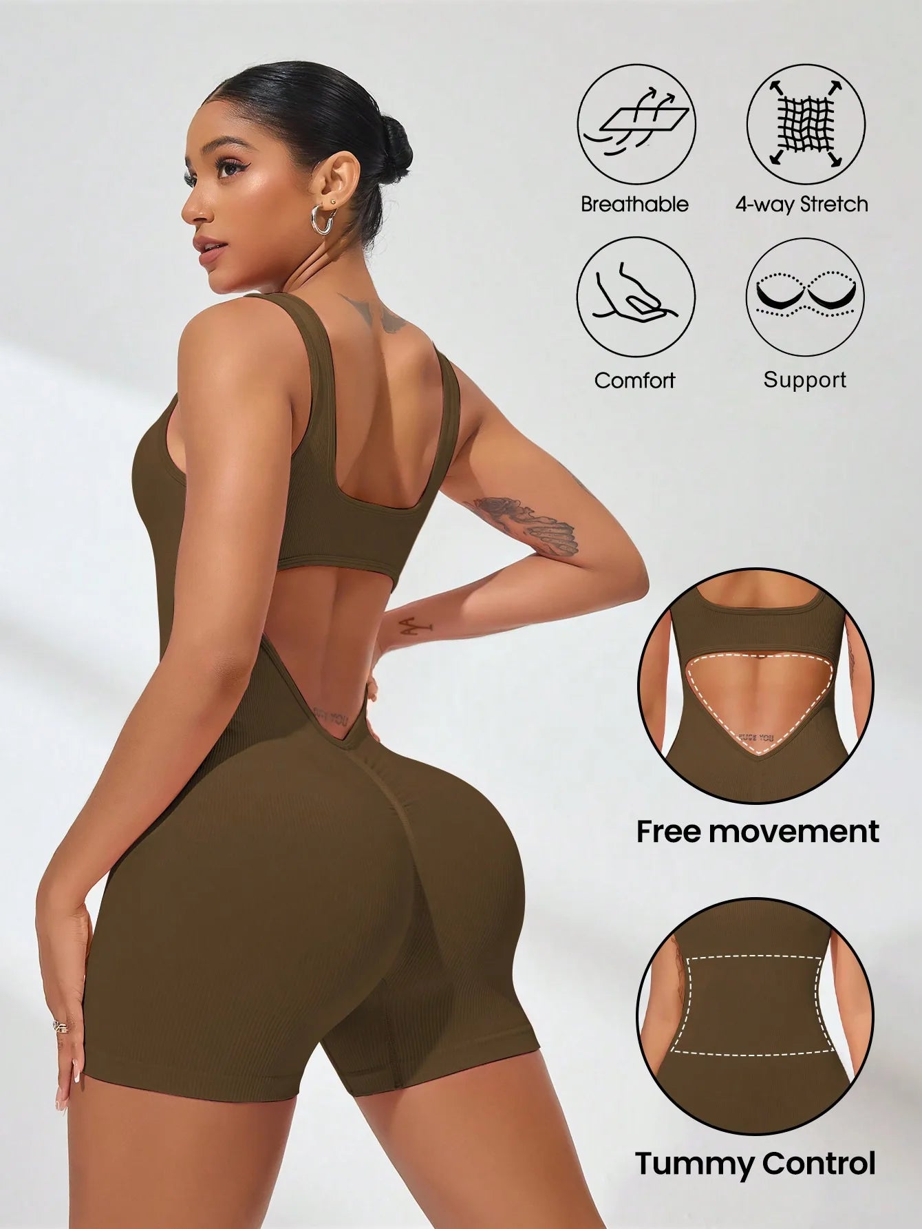 Sexy Backless Women Yoga Rompers U Neck Sleeveless Threaded Jumpsuit Solid Color Elastic Bodysuit Without Bust Pads Streetwear