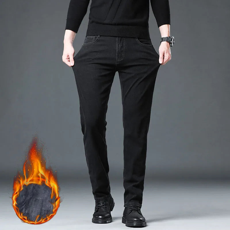 Men's Fleece Elastic Jeans Thick Warm Slim Fit Business Trousers Classic Solid Color Fashionable High-quality Trend Cozy Pants