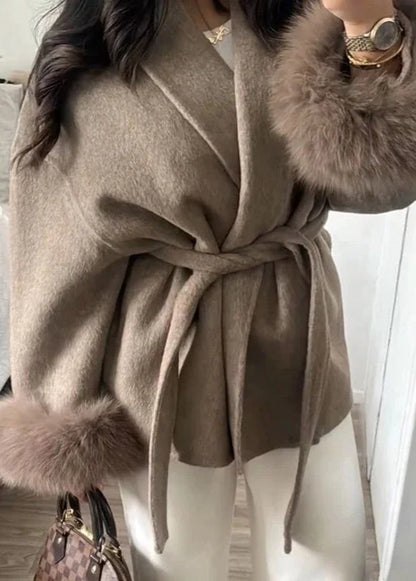 Elegant Lace Up Woolen Short Coat Solid Loose Lapel Furry Belt Long Sleeve Jacket Female 2025 Autumn Winter Lady Chic Cardigan