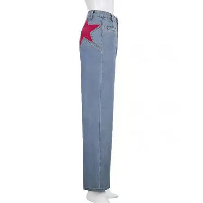 Retro Jeans European and American Style Design Slim Fit Leg Length All Match Pants Five Pointed Star Straight Women Versatile
