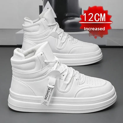 New Autumn/Winter Men's Casual Sneakers 12cm Increased Height 10cm Thick Sole White Shoes High Top Rubber Base Male Footwear