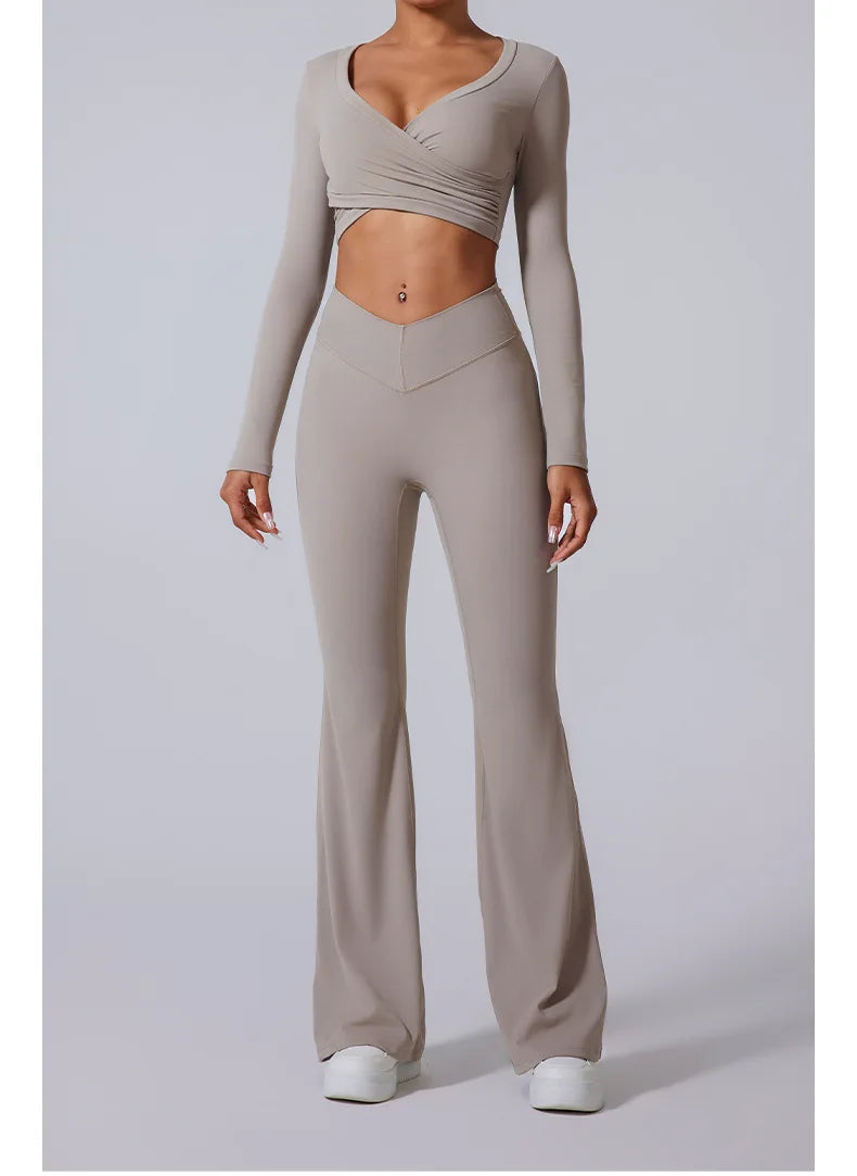 2 Pieces Wrap Front Gym Fitness Suit Women Long Sleeve Legging Workout Yoga Set Sports Bra Short Sports Clothes Tracksuit Female