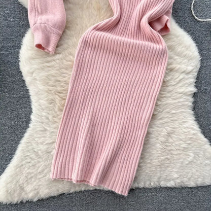 Autumn Winter Slimming Knitted Sweater Dress Set Women's Mid-Length Base Layer Knee-Over Bottoming Dresses Fashionable